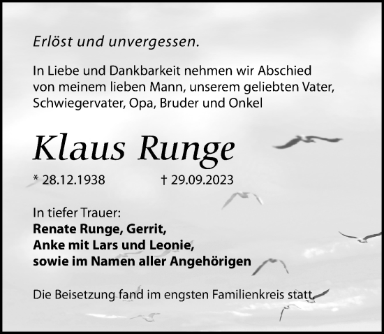 Traueranzeige von Klaus Runge von Märkischen Allgemeine Zeitung