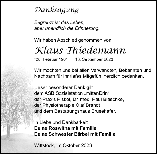 Traueranzeige von Klaus Thiedemann von Wochenspiegel