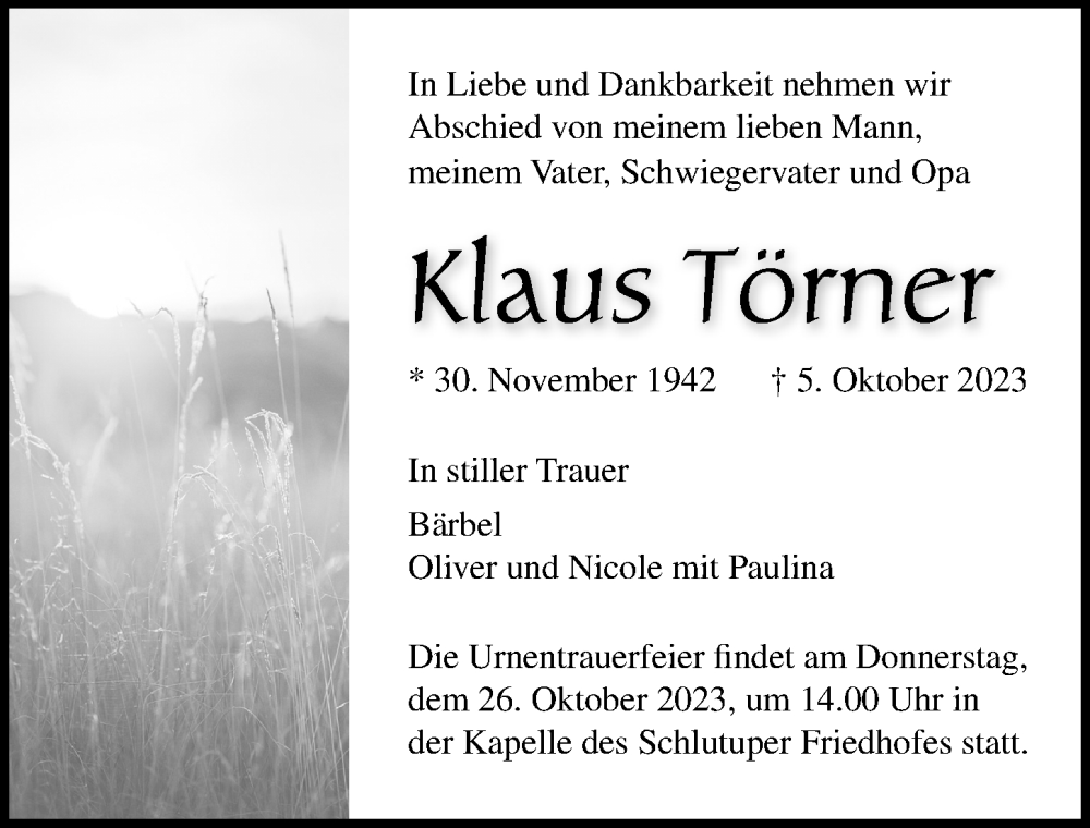  Traueranzeige für Klaus Törner vom 15.10.2023 aus Lübecker Nachrichten