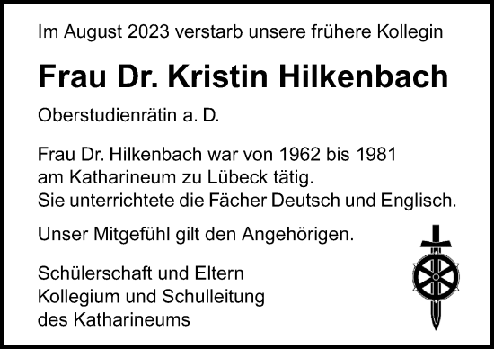 Traueranzeige von Kristin Hilkenbach von Lübecker Nachrichten