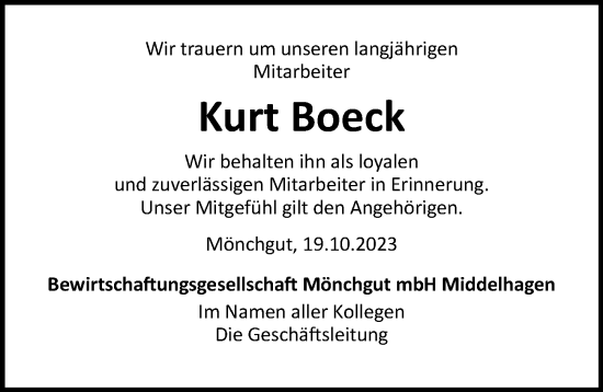 Traueranzeige von Kurt Boeck von Ostsee-Zeitung GmbH