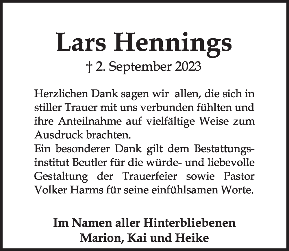  Traueranzeige für Lars Hennings vom 13.10.2023 aus Kieler Nachrichten