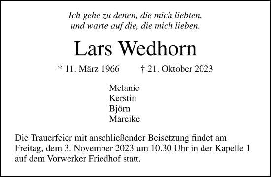 Traueranzeige von Lars Wedhorn von Lübecker Nachrichten