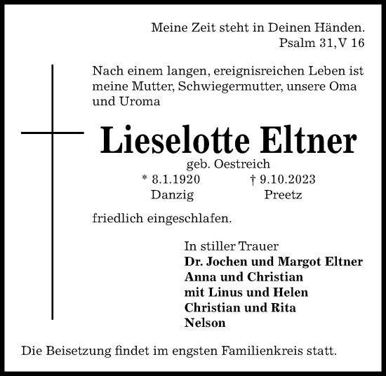 Traueranzeige von Lieselotte Eltner von Kieler Nachrichten