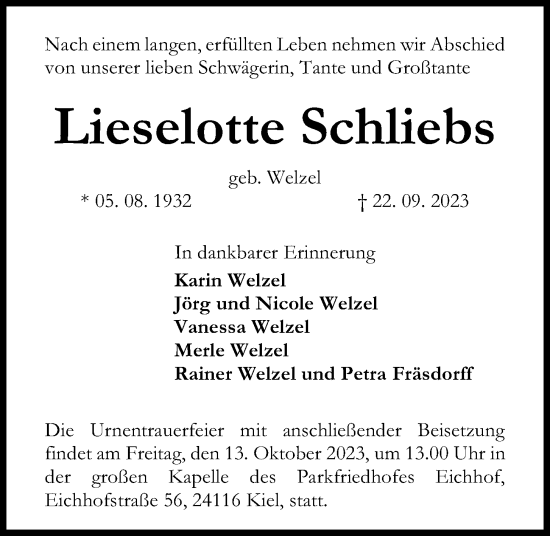 Traueranzeige von Lieselotte Schliebs von Kieler Nachrichten