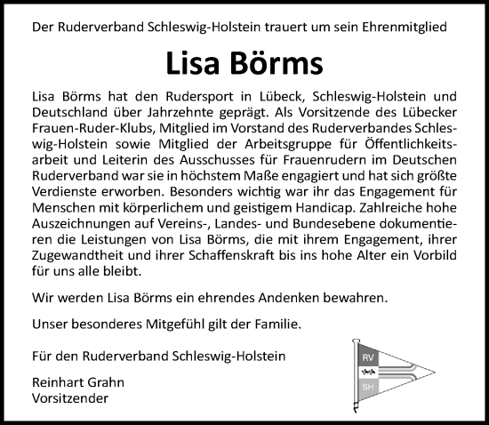 Traueranzeige von Lisa Börms von Lübecker Nachrichten