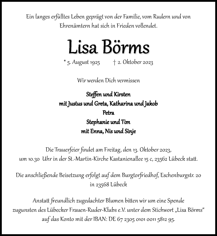  Traueranzeige für Lisa Börms vom 08.10.2023 aus Lübecker Nachrichten