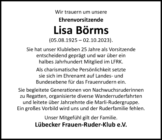 Traueranzeige von Lisa Börms von Lübecker Nachrichten