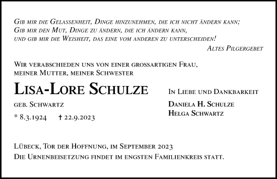 Traueranzeige von Lisa-Lore Schulze von Lübecker Nachrichten