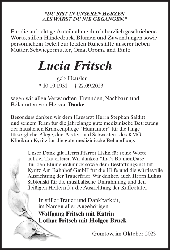 Traueranzeige von Lucia Fritsch von Märkischen Allgemeine Zeitung