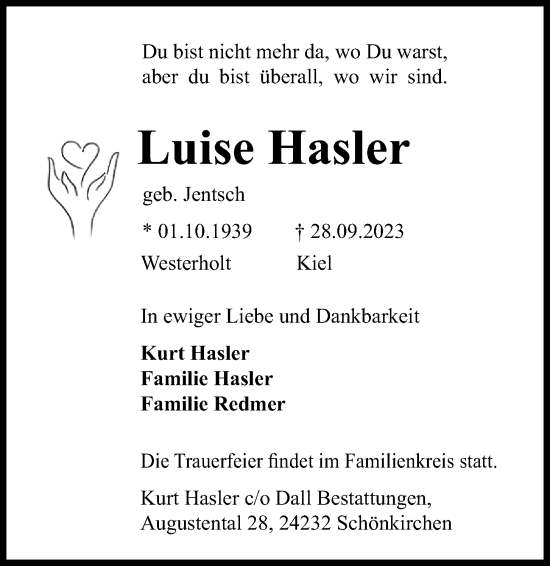 Traueranzeige von Luise Hasler von Kieler Nachrichten