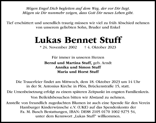 Traueranzeige von Lukas Bennet Stuff von Kieler Nachrichten