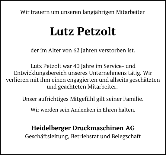 Traueranzeige von Lutz Petzolt von Kieler Nachrichten