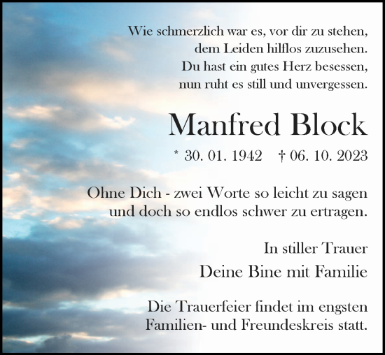 Traueranzeige von Manfred Block von Märkischen Allgemeine Zeitung