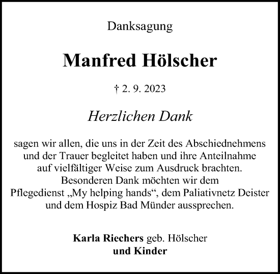Traueranzeige von Manfred Hölscher von Hannoversche Allgemeine Zeitung/Neue Presse