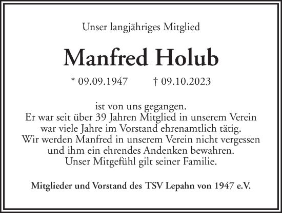 Traueranzeige von Manfred Holub von Kieler Nachrichten