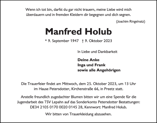 Traueranzeige von Manfred Holub von Kieler Nachrichten