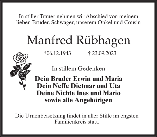 Traueranzeige von Manfred Rübhagen von Märkischen Allgemeine Zeitung