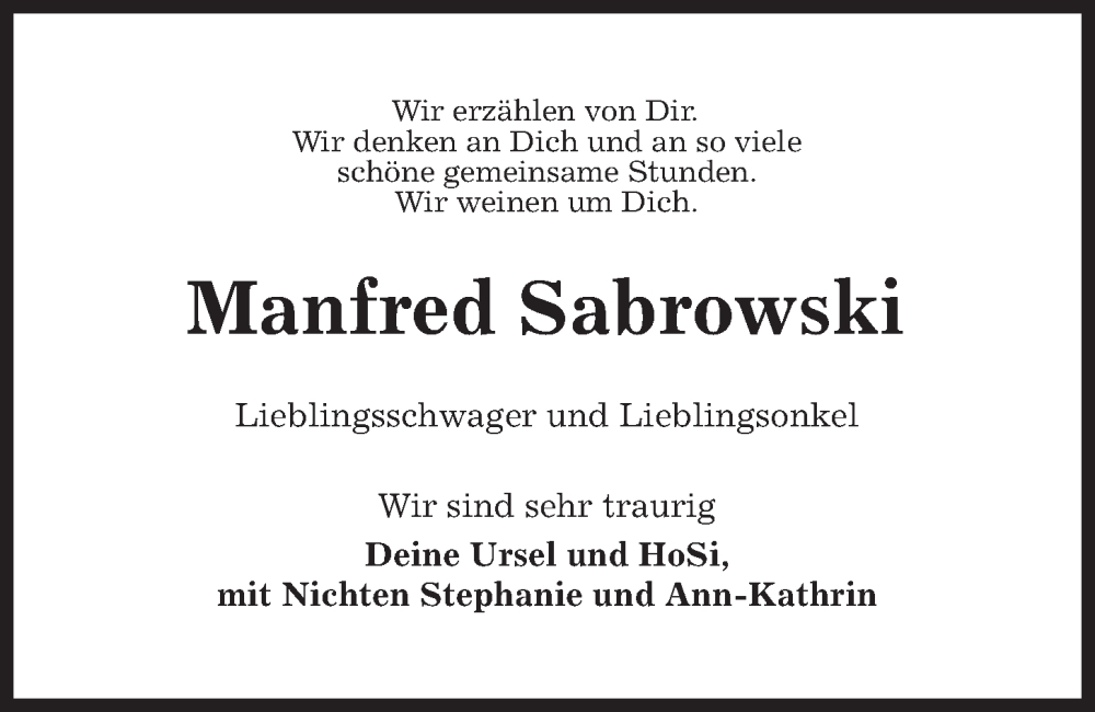  Traueranzeige für Manfred Sabrowski vom 28.10.2023 aus Kieler Nachrichten