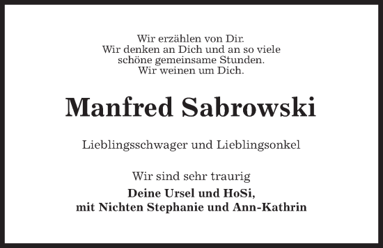 Traueranzeige von Manfred Sabrowski von Kieler Nachrichten