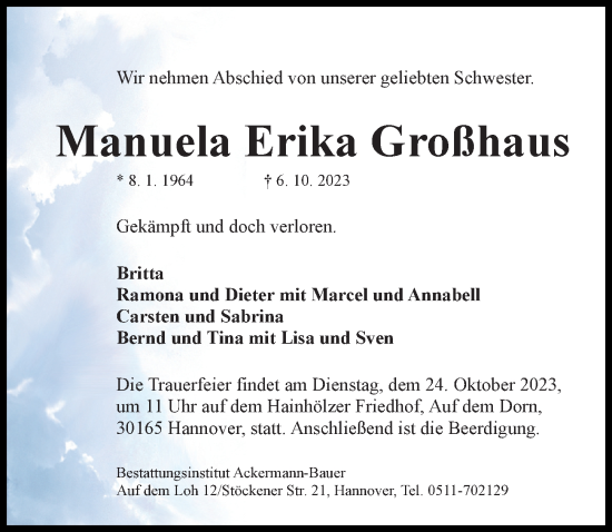 Traueranzeige von Manuela Erika Großhaus von Hannoversche Allgemeine Zeitung/Neue Presse