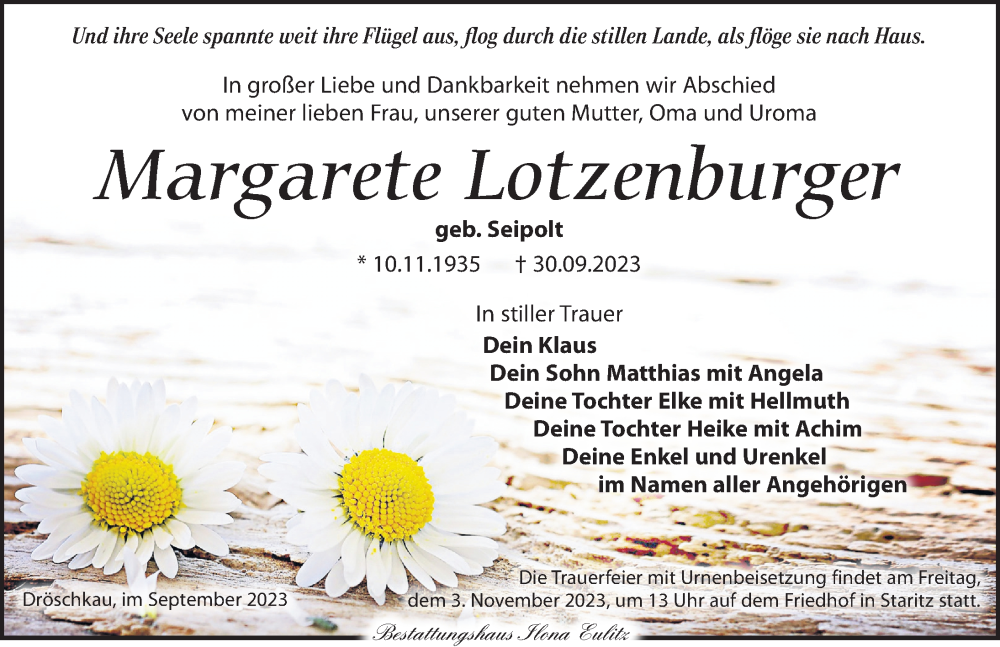  Traueranzeige für Margarete Lotzenburger vom 14.10.2023 aus Torgauer Zeitung
