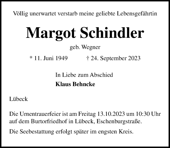Traueranzeige von Margot Schindler von Lübecker Nachrichten