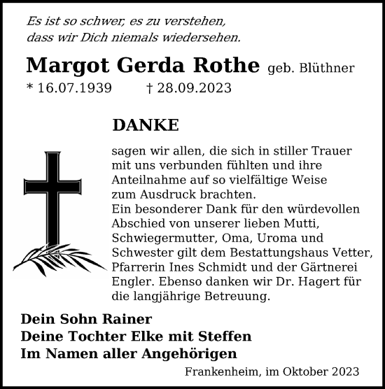 Traueranzeige von Margot Gerda Rothe von Leipziger Volkszeitung