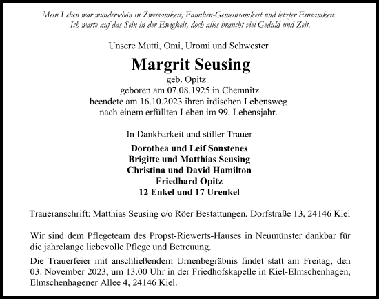 Traueranzeige von Margrit Seusing von Kieler Nachrichten