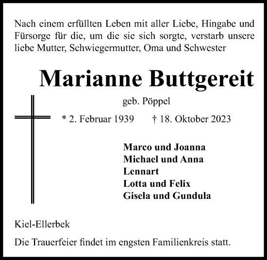 Traueranzeige von Marianne Buttgereit von Kieler Nachrichten