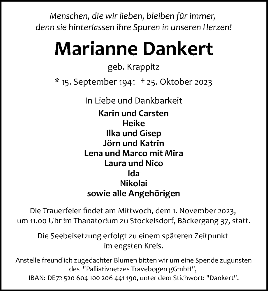  Traueranzeige für Marianne Dankert vom 29.10.2023 aus Lübecker Nachrichten