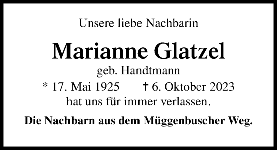 Traueranzeige von Marianne Glatzel von Lübecker Nachrichten