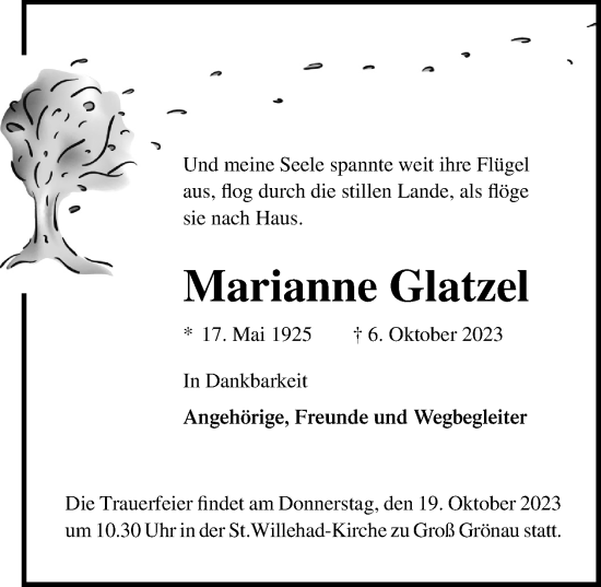Traueranzeige von Marianne Glatzel von Lübecker Nachrichten
