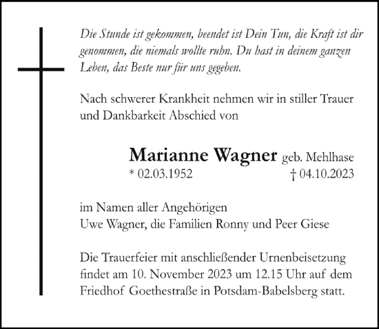 Traueranzeige von Marianne Wagner von Märkischen Allgemeine Zeitung