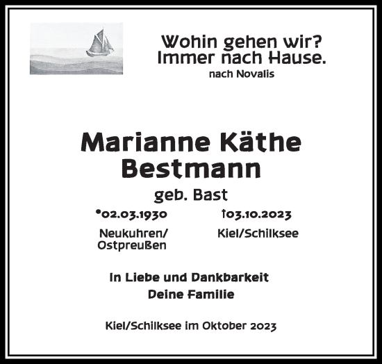 Traueranzeige von Marianne Käthe Bestmann von Kieler Nachrichten