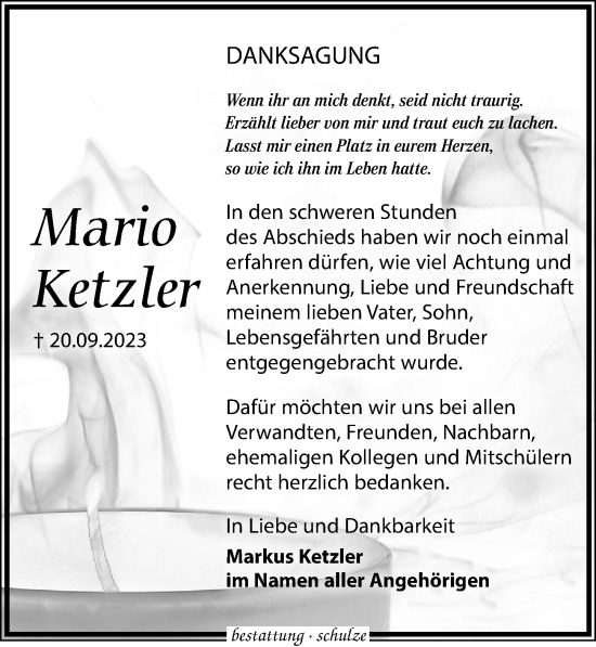 Traueranzeige von Mario Ketzler von Leipziger Volkszeitung