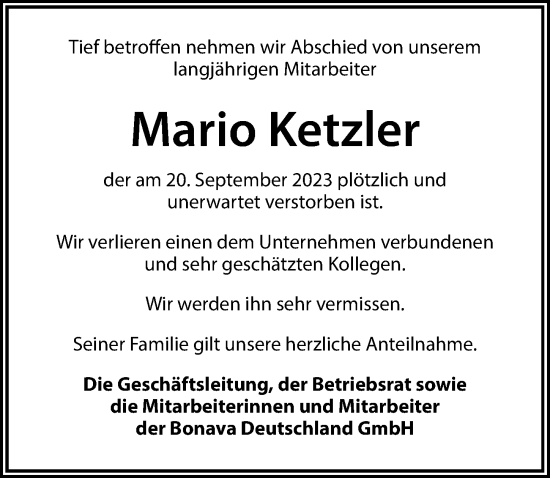 Traueranzeige von Mario Ketzler von Leipziger Volkszeitung