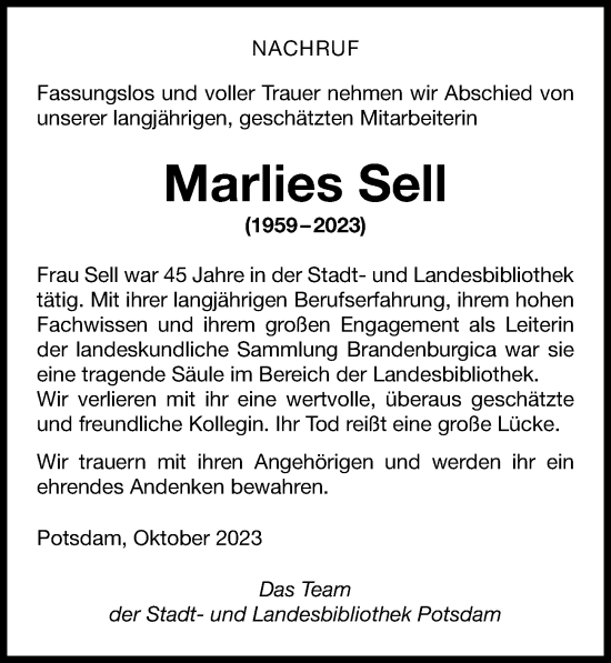 Traueranzeige von Marlies Sell von Märkischen Allgemeine Zeitung