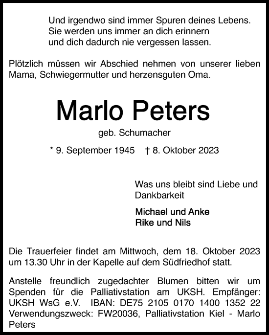 Traueranzeige von Marlo Peters von Kieler Nachrichten