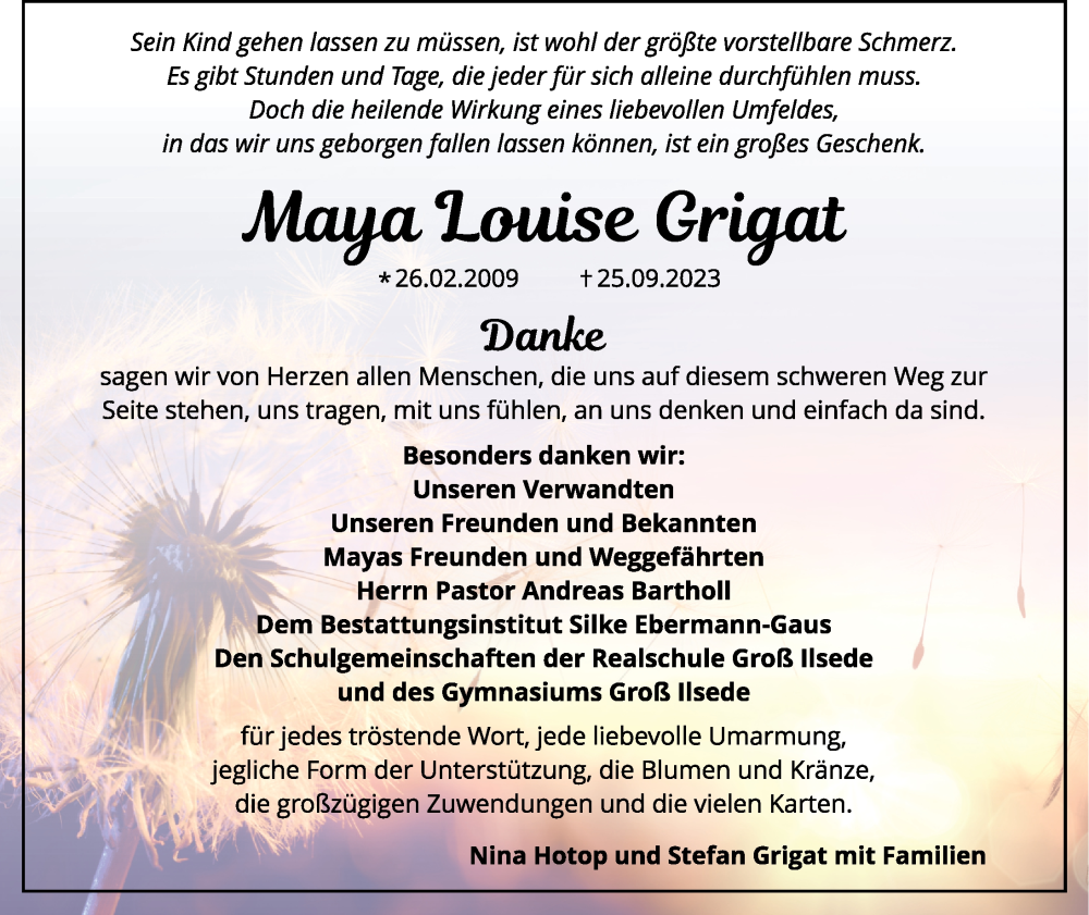  Traueranzeige für Maya Louise Grigat vom 28.10.2023 aus Peiner Allgemeine Zeitung