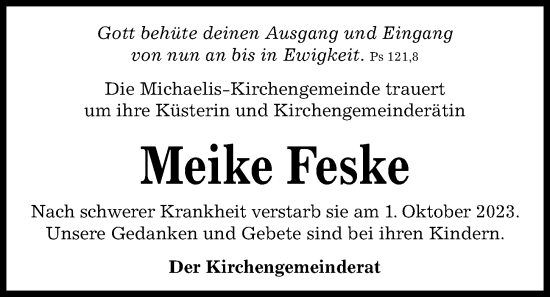 Traueranzeige von Meike Feske von Kieler Nachrichten