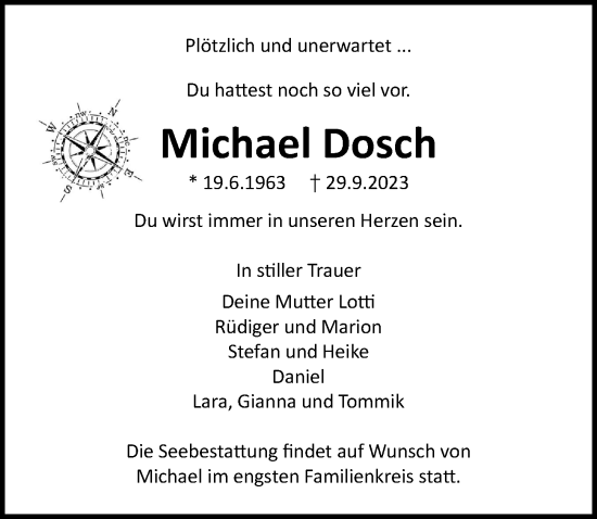 Traueranzeige von Michael Dosch von Lübecker Nachrichten