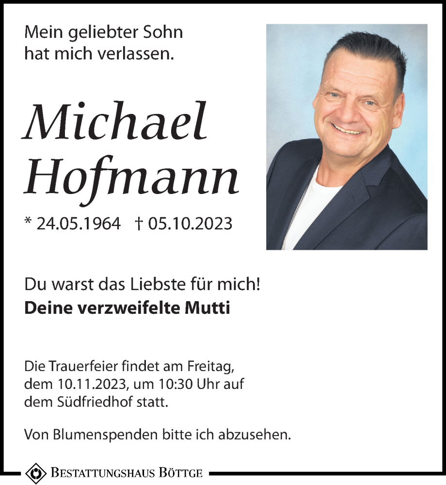  Traueranzeige für Michael Hofmann vom 28.10.2023 aus Leipziger Volkszeitung