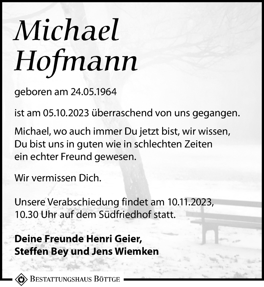  Traueranzeige für Michael Hofmann vom 28.10.2023 aus Leipziger Volkszeitung