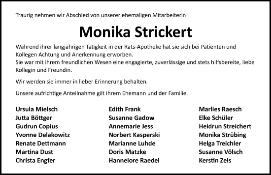 Traueranzeige von Monika Strickert von Ostsee-Zeitung GmbH