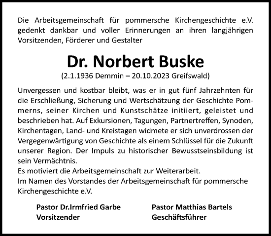 Traueranzeige von Norbert Buske von Ostsee-Zeitung GmbH