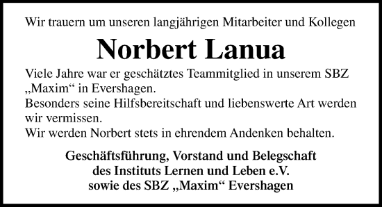 Traueranzeige von Norbert Lanua von Ostsee-Zeitung GmbH