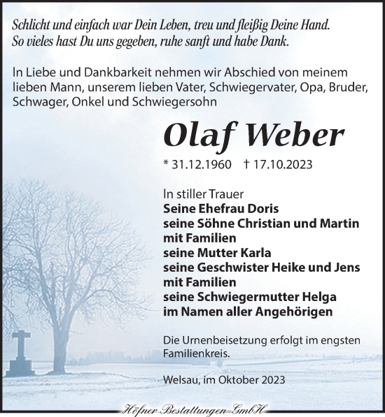 Traueranzeige von Olaf Weber von Torgauer Zeitung