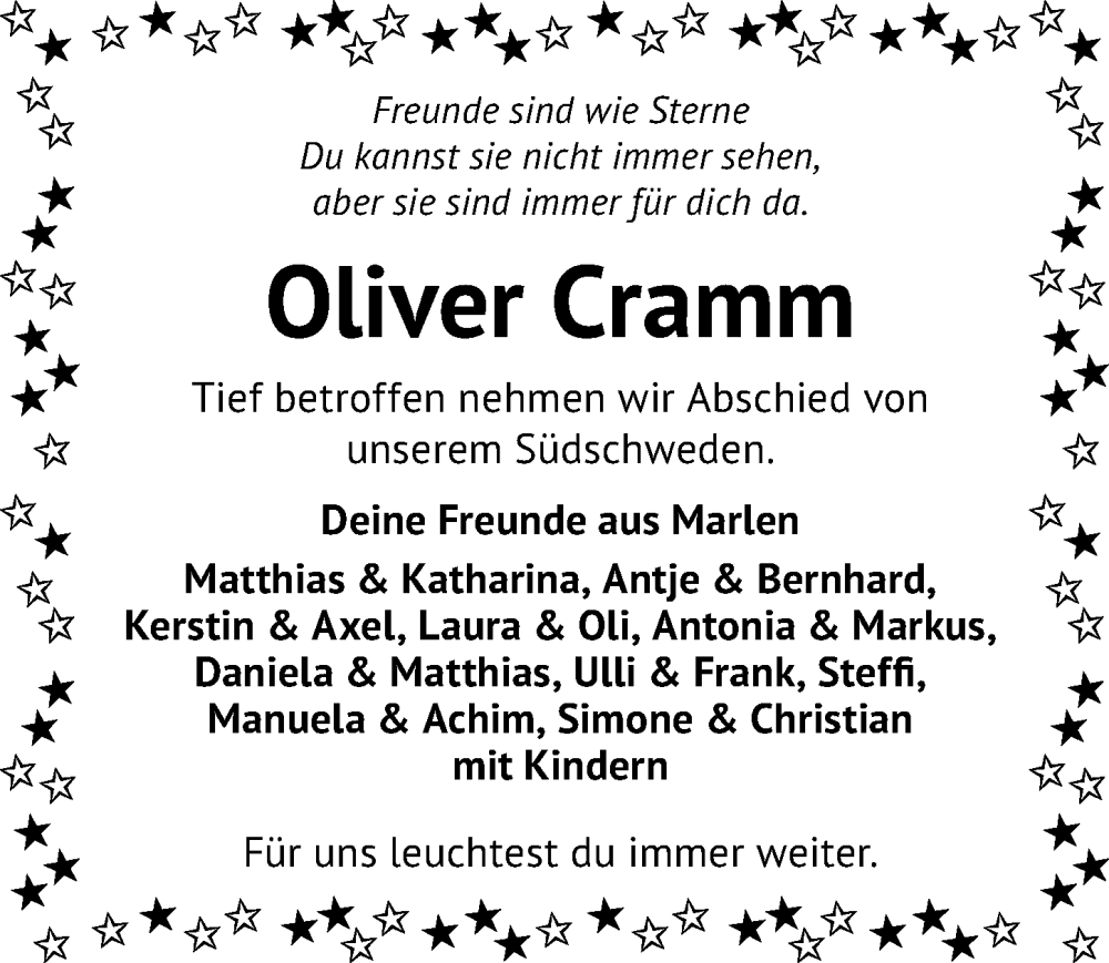  Traueranzeige für Oliver Cramm vom 25.10.2023 aus Peiner Allgemeine Zeitung