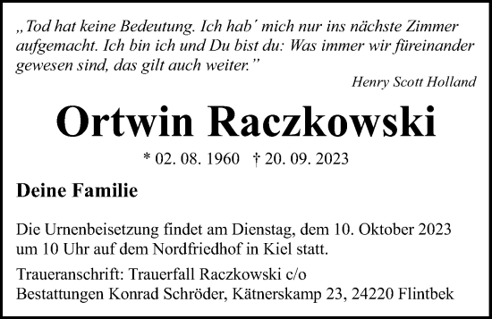 Traueranzeige von Ortwin Raczkowski von Kieler Nachrichten